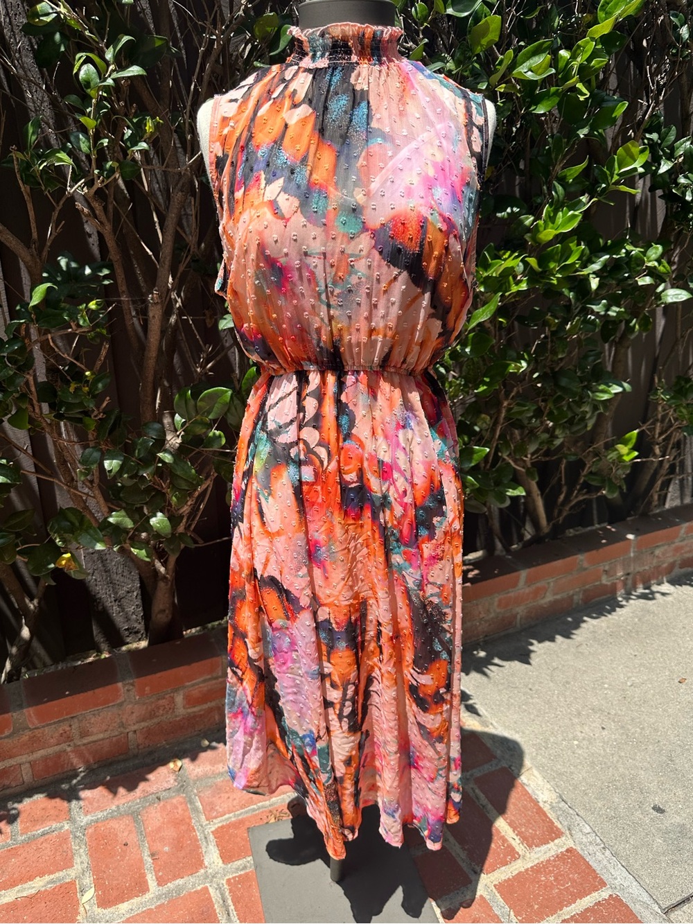 High-Neck Sleeveless Orange Floral Midi Dress 14/16